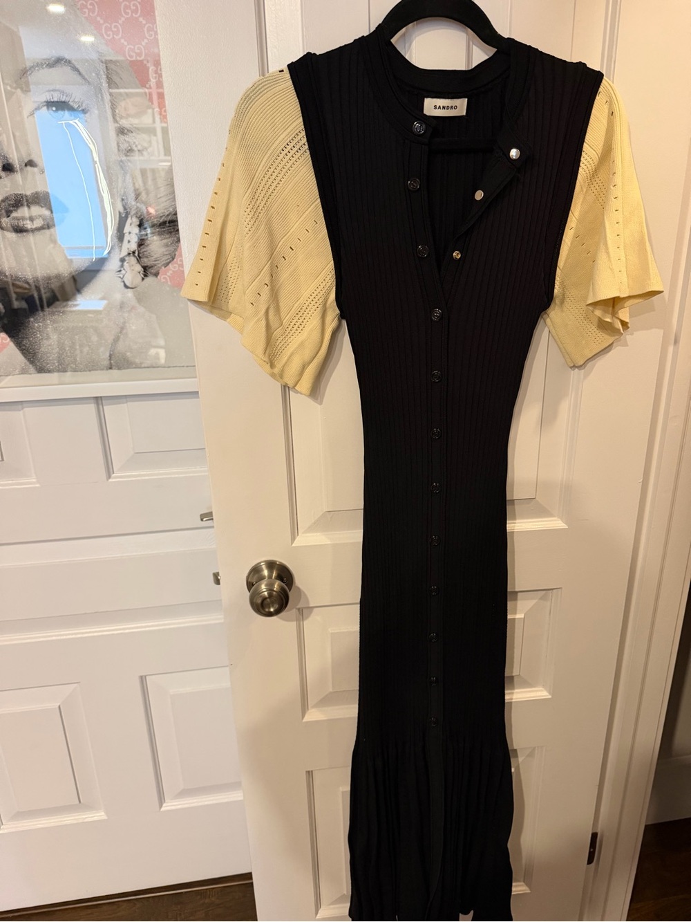 Sandro Black Ribbed Button-Front Maxi Dress with beige Sleeves